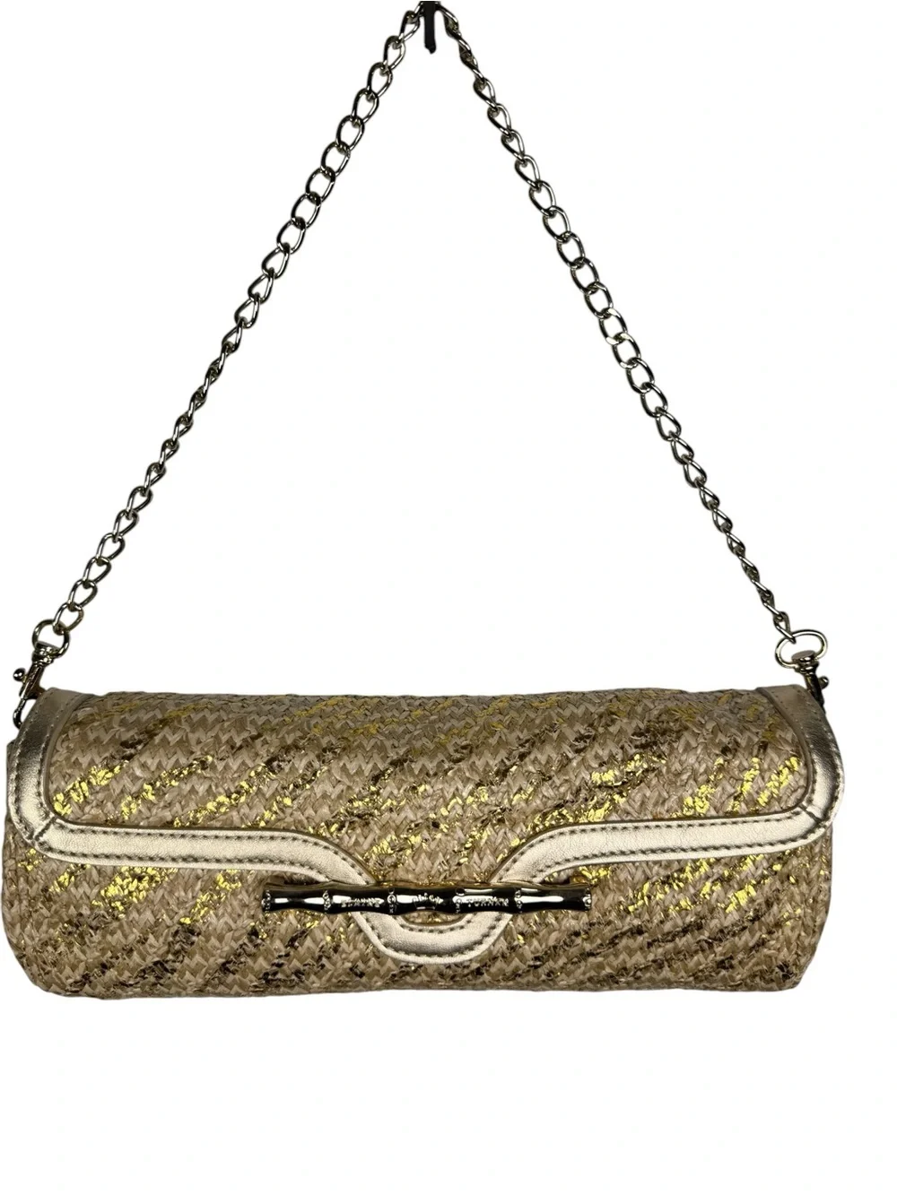 Elaine Turner Convertible Clutch Bag Woven Metallic Raffia Bamboo Accent